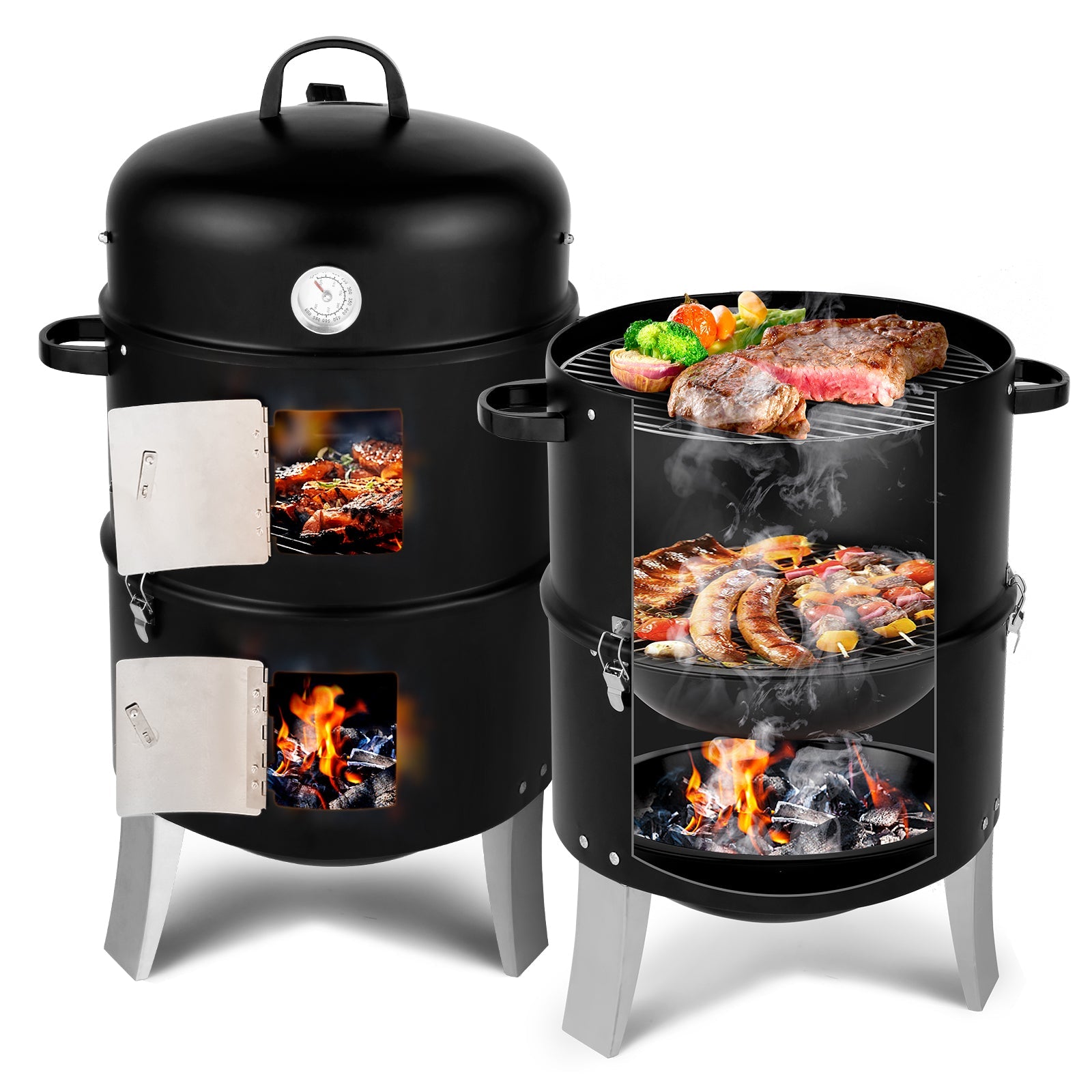 Black Double-Walled Cylindrical Charcoal Smoker Grill