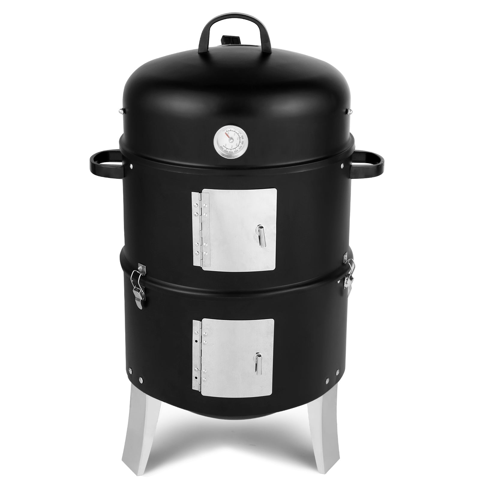 Black Double-Walled Cylindrical Charcoal Smoker Grill