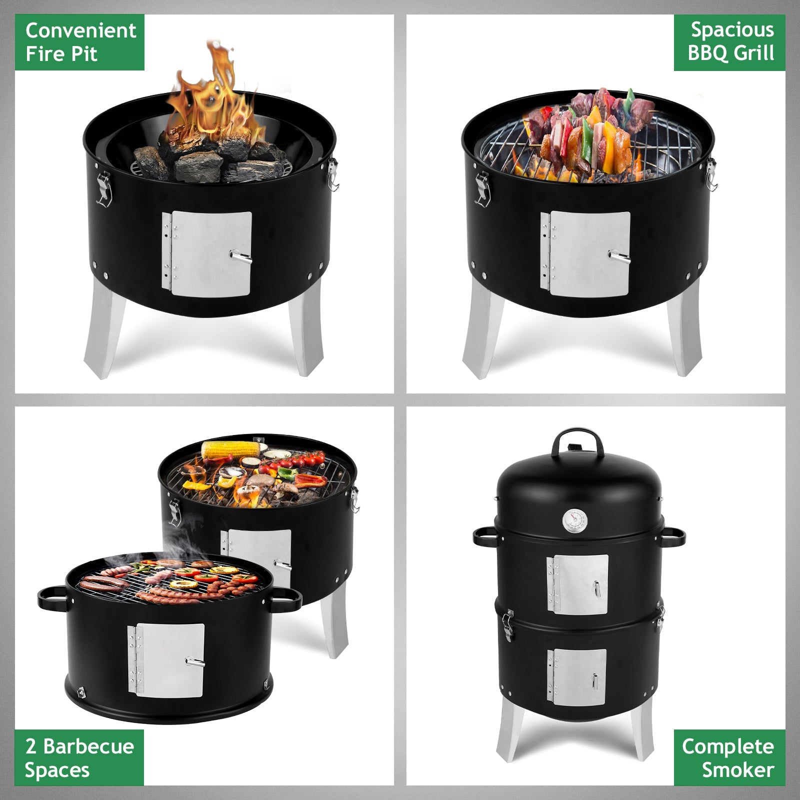Black Double-Walled Cylindrical Charcoal Smoker Grill