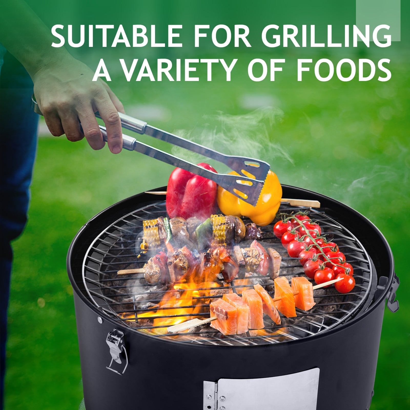 Black Double-Walled Cylindrical Charcoal Smoker Grill