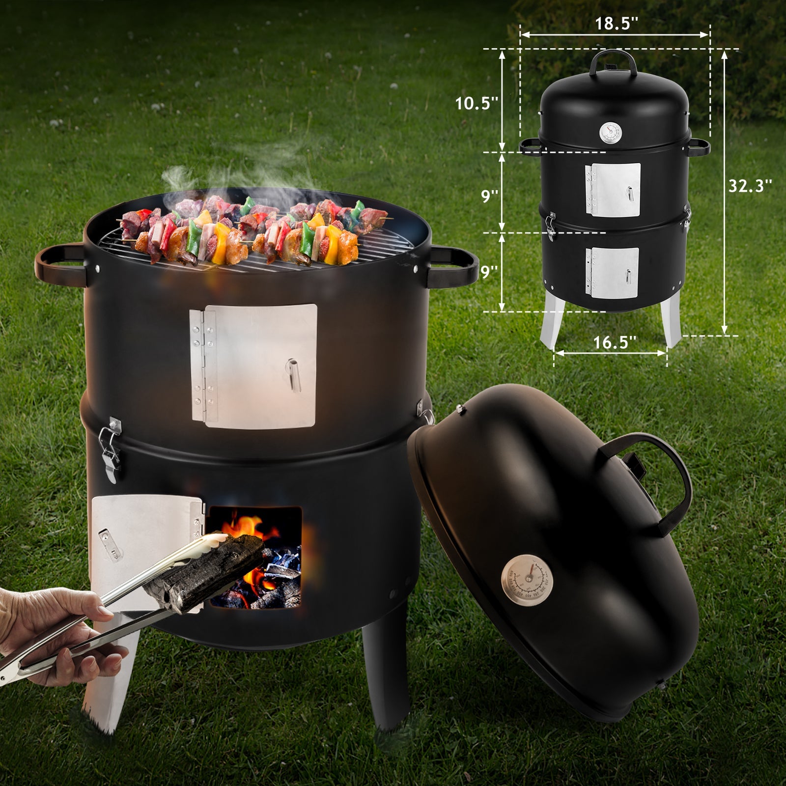 Black Double-Walled Cylindrical Charcoal Smoker Grill