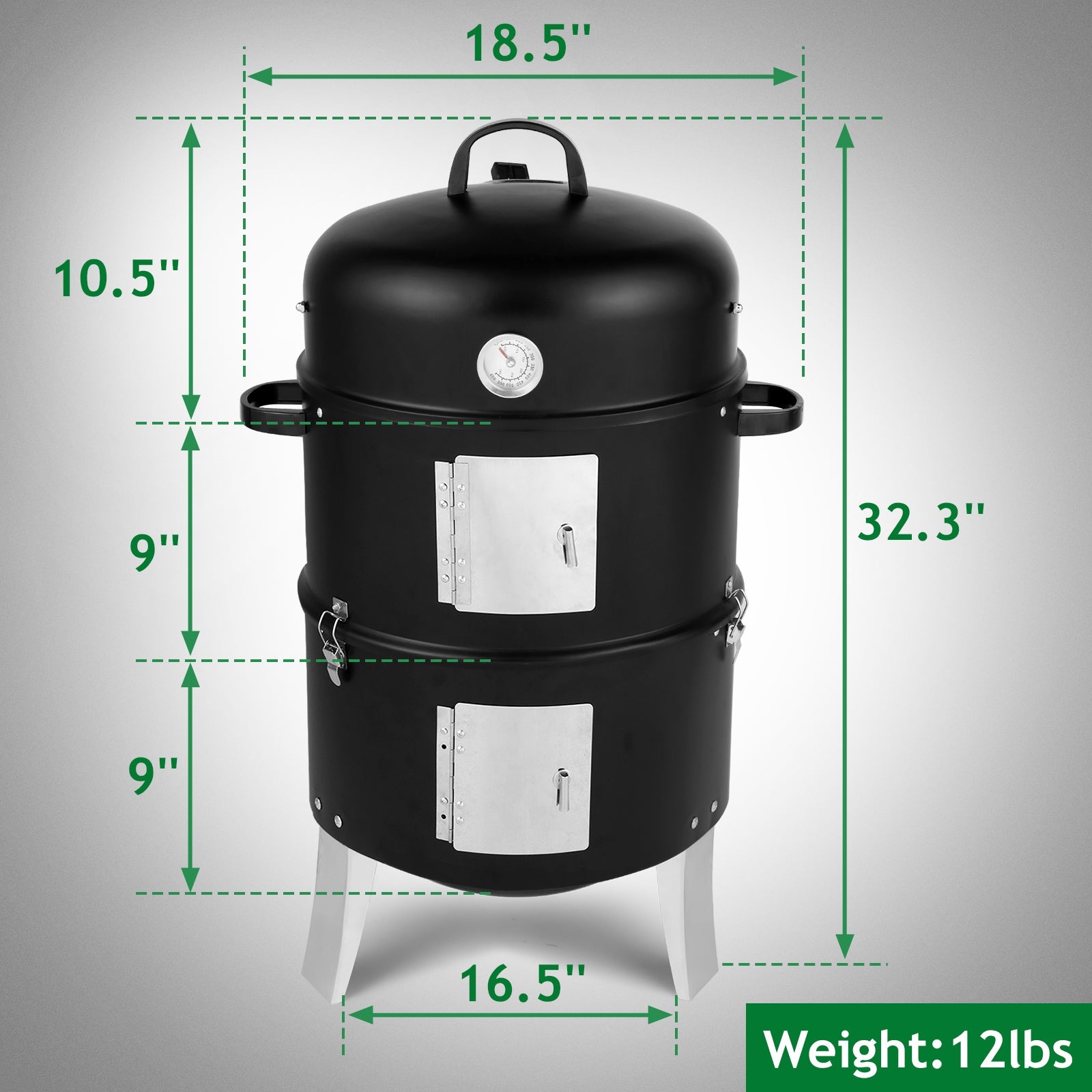Black Double-Walled Cylindrical Charcoal Smoker Grill