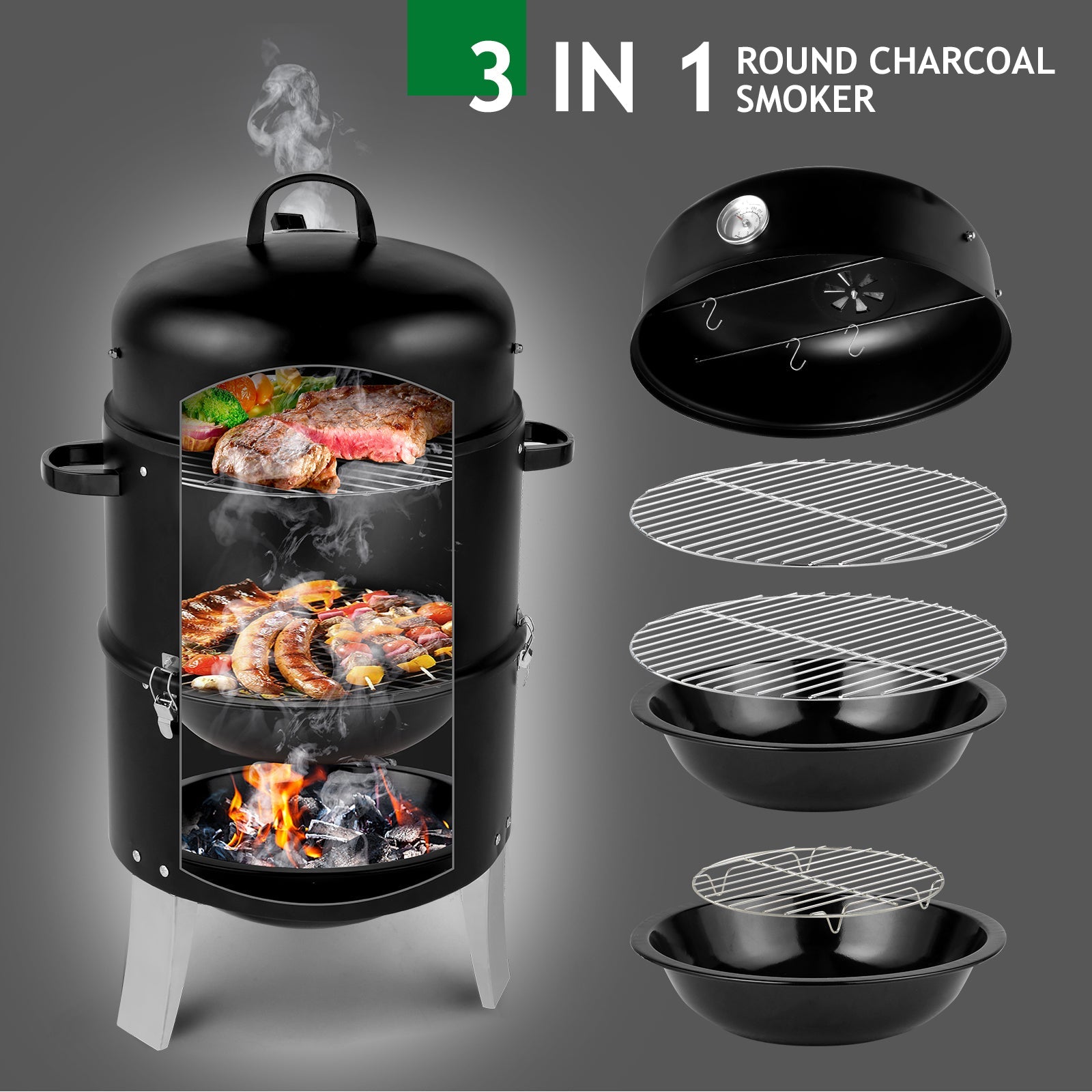 Black Double-Walled Cylindrical Charcoal Smoker Grill